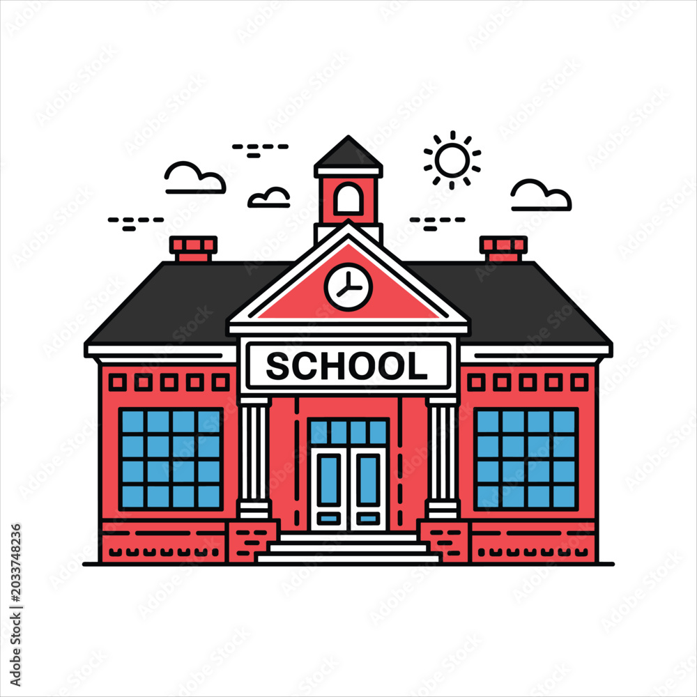 Fototapeta premium Modern School Building Line Art Vector Illustration | Educational Institution Flat Design Icon