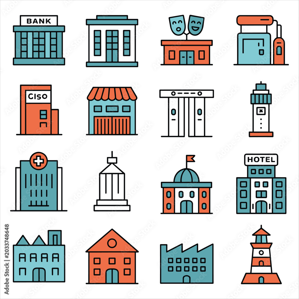 Fototapeta premium Flat City Building Icons Collection – Bank, Hotel, Hospital, Factory and Civic Architecture Vector Set