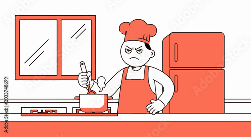 Cartoon chef cooking angrily in colorful kitchen scene.