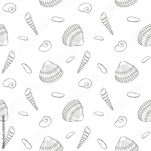 Outline Sea shells seamless pattern. Marine background with shellfishes, sinks, pebbles. Beach holiday theme. Hand draw design for wrapping paper, wallpaper, coloring book