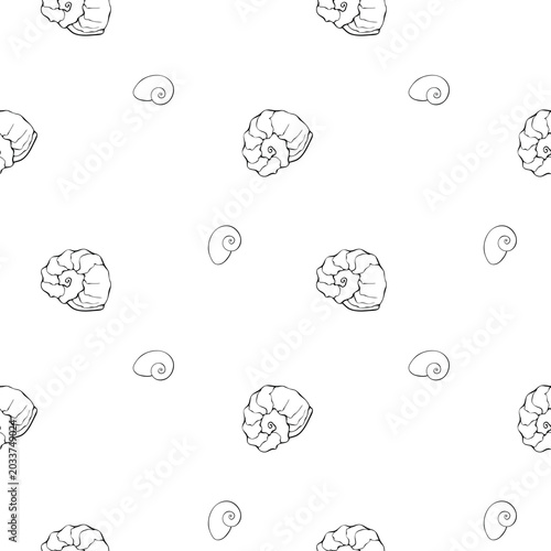 Seamless pattern with Hand drawn ink vector seashells. Conceptual, naive marine sketch background. Element for poster, social media, banners, invitation. Trendy seafood menu template.