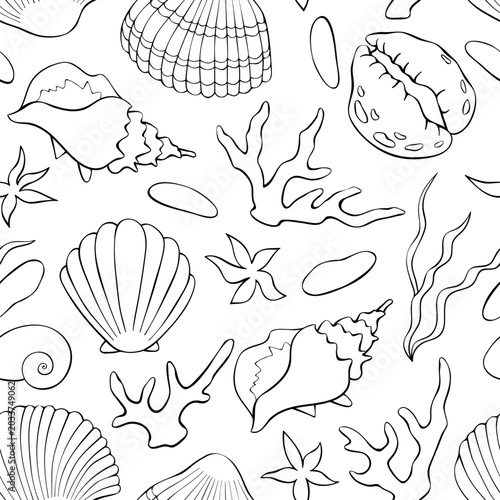 Outline Sea shells seamless pattern. Marine background with shellfishes, sinks, coral and starfishes. Beach holiday theme. Hand draw design for wrapping paper, wallpaper, coloring book