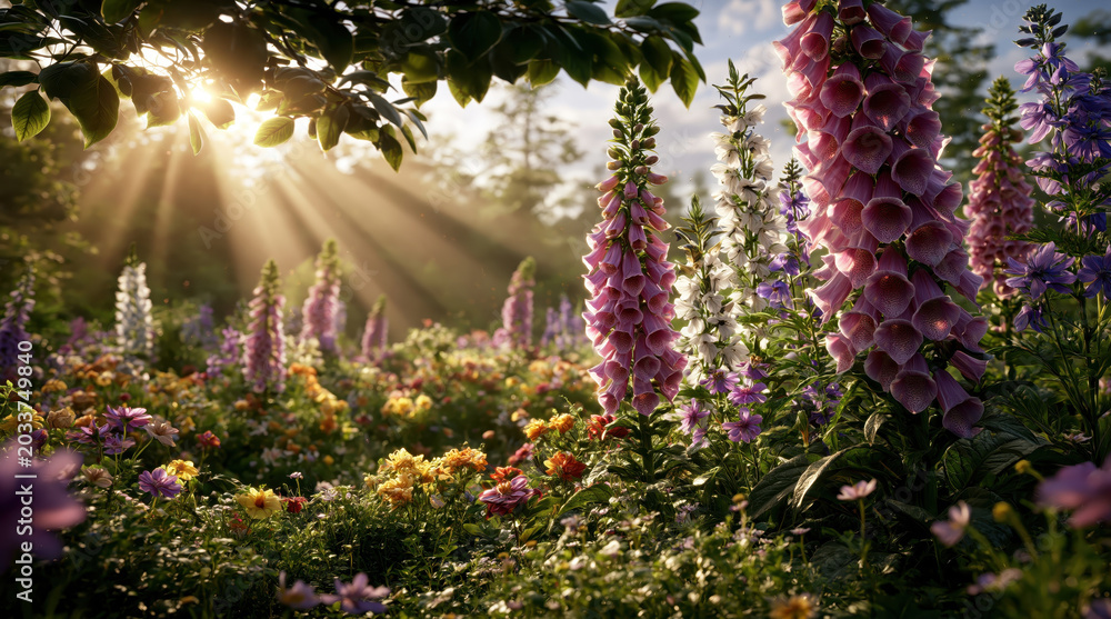 Obraz premium Sunlight streaming through trees onto a field of blooming foxgloves and other wildflowers
