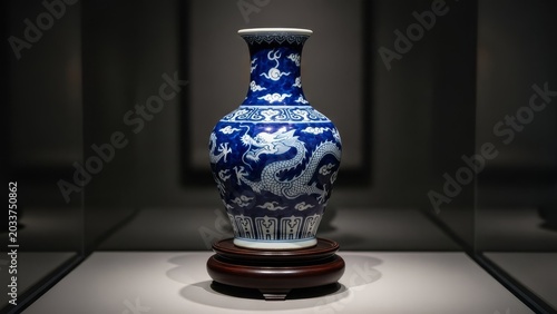 Chinese blue and white porcelain vase with dragon motif on wooden stand in dimly lit museum display
