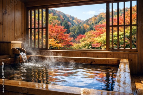 Naklejka 秋の紅葉が広がる絶景を眺めながらリラックスできる露天風呂がある日本の温泉宿の風景