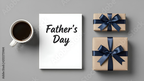 Styled Father's day mockup with black coffee, notebook and present wrapped in kraft paper