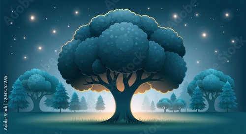 Enchanting night landscape with a large, mystical tree illuminated by glowing stars