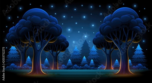 Magical forest at night with glowing stars and luminous trees