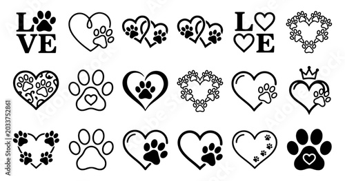 Love hearts with pets dog paw prints vector icons set outline black silhouettes, heart, love, dog, cat, pet, paw, print, footprint, set, collection
