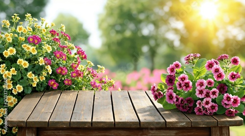 Wooden table with blooming flowers in a garden during a sunny day