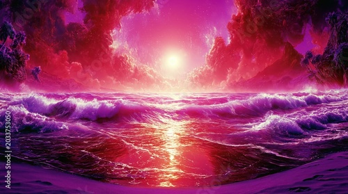 Surreal vibrant ocean sunset with dramatic purple clouds and glowing sun reflection