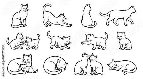 Tableau sur toile Minimalist cat line art collection, 12 hand drawn feline vector icons, cute kitt