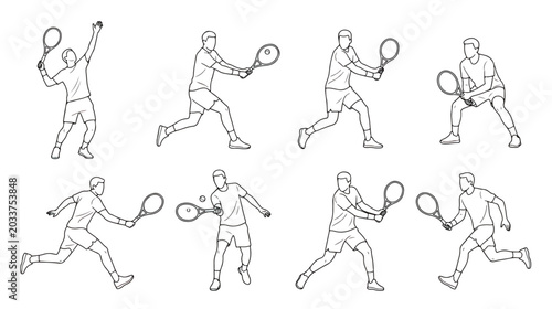 Tableau sur toile Minimalist tennis player line art collection, 8 black and white vector silhouett