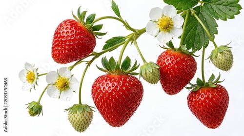 Close up of ripe red strawberries unripe green berries and white blossoms with water droplets on vine against white background, fresh organic produce, agricultural harvest.
