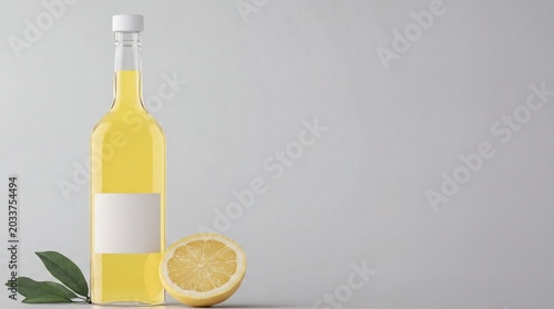 Glass bottle with blank white label containing yellow liquid next to lemon half and green leaves on white background, citrus beverage packaging, commercial drink mockup.