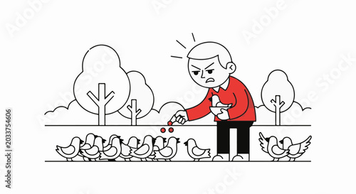 Man cheerfully feeding a group of ducks outdoors.
