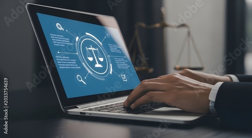 Legal technology concept attorney using laptop with law and justice graphic display