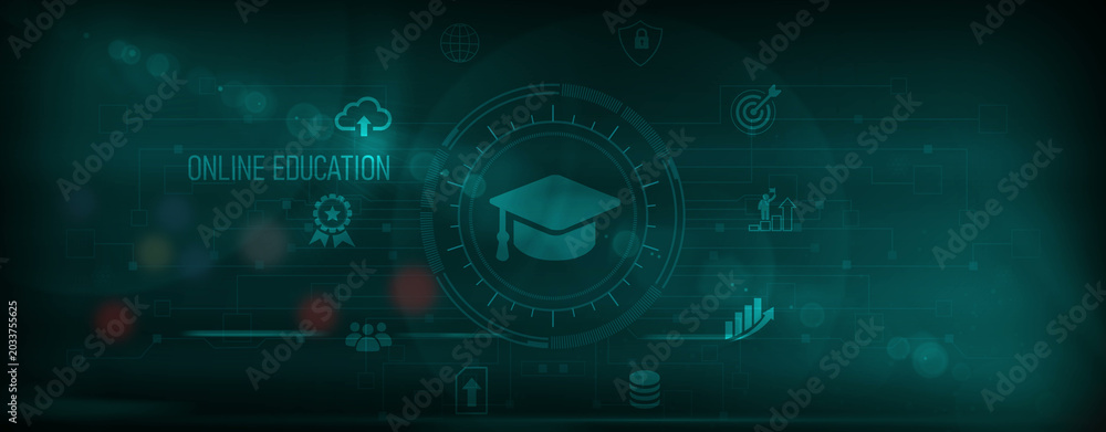 Obraz premium Education, E-learning Platforms, Knowledge Expansion, online education-related text on the global network cyberspace, technology, and Motion graphics of education concept