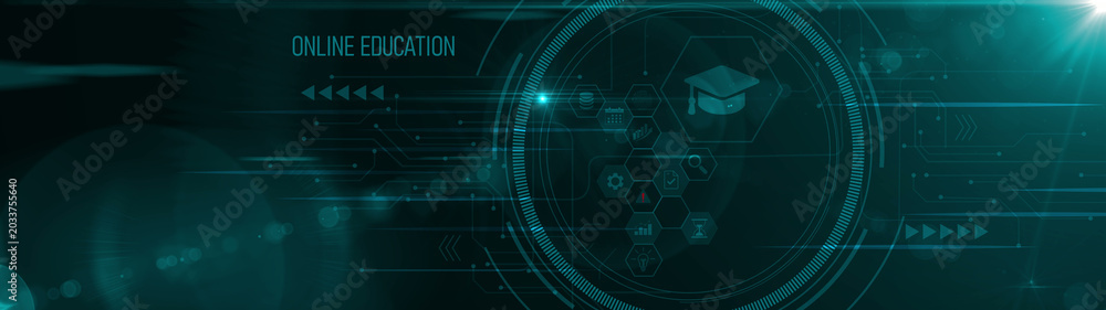 Obraz premium Education, E-learning Platforms, Knowledge Expansion, online education-related text on the global network cyberspace, technology, and Motion graphics of education concept