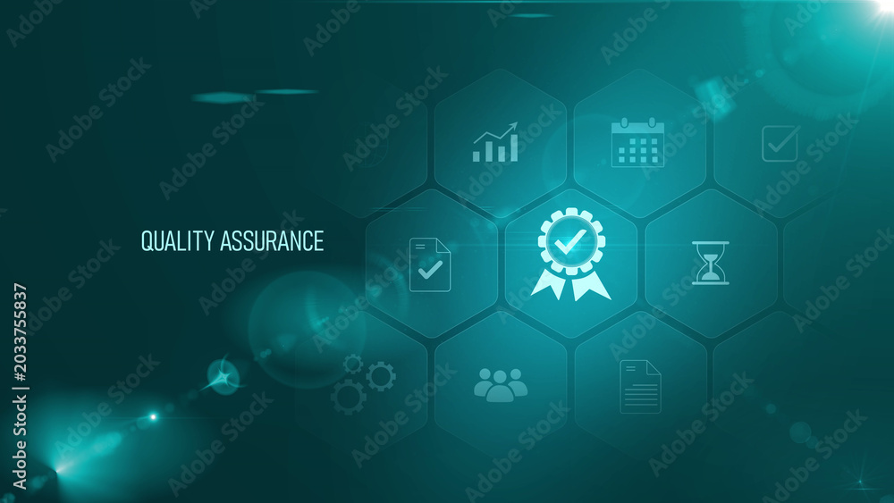 Obraz premium Quality Assurance concept: Digital quality icon on virtual interface, process improvement, customer satisfaction, compliance, risk management, Motion graphics of quality concept