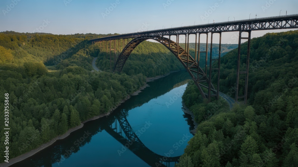 Fototapeta premium Massive steel arch bridge over a wide river surrounded by lush green forests