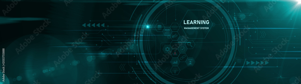 Obraz premium A glowing neon learning management system concept surrounded by smaller icons for ai and manufacturing process management, Motion graphics of learning concept