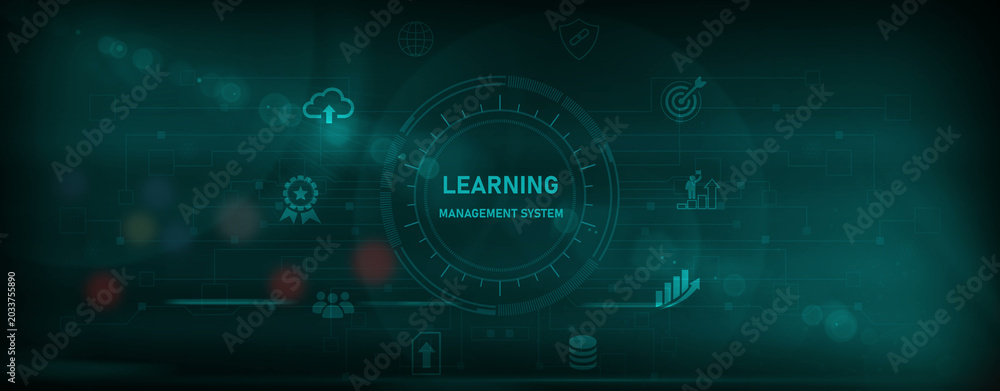 Obraz premium A glowing neon learning management system concept surrounded by smaller icons for ai and manufacturing process management, Motion graphics of learning concept