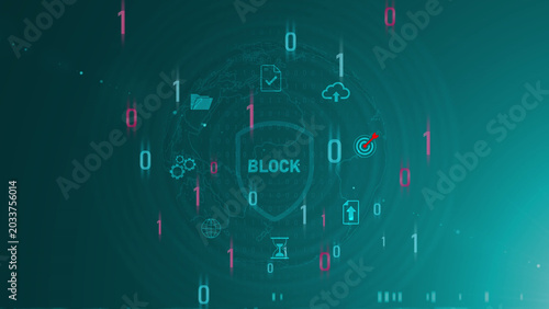 A business BLOCK concept surrounded by smaller icons for ai and manufacturing process management. Motion graphics of block chan concept