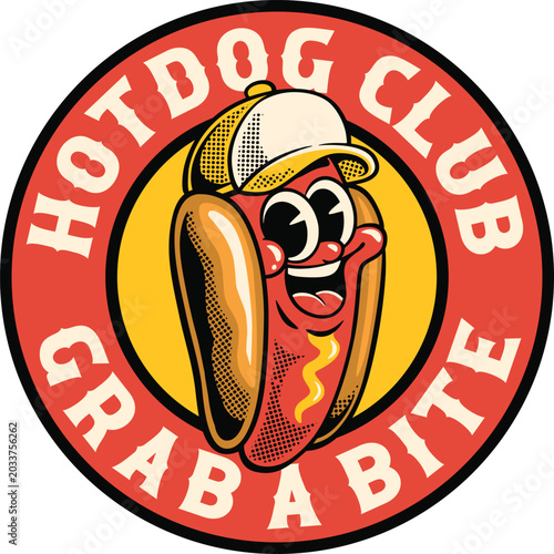 Foto Hand-drawn circular Hotdog Club badge with smiling hot dog mascot in cap, framed