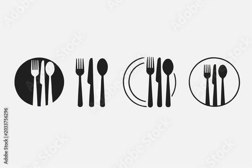 Photos "Black Restaurant Cutlery Fork Spoon Knife with Plate Circle Icon Set on White