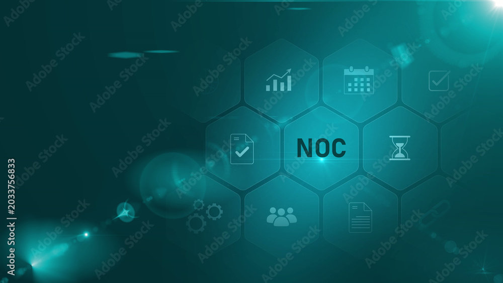 Fototapeta premium Network Operations Center No Objection Certificate Monitoring System Concept with Various and Connections. Motion graphics of NOC