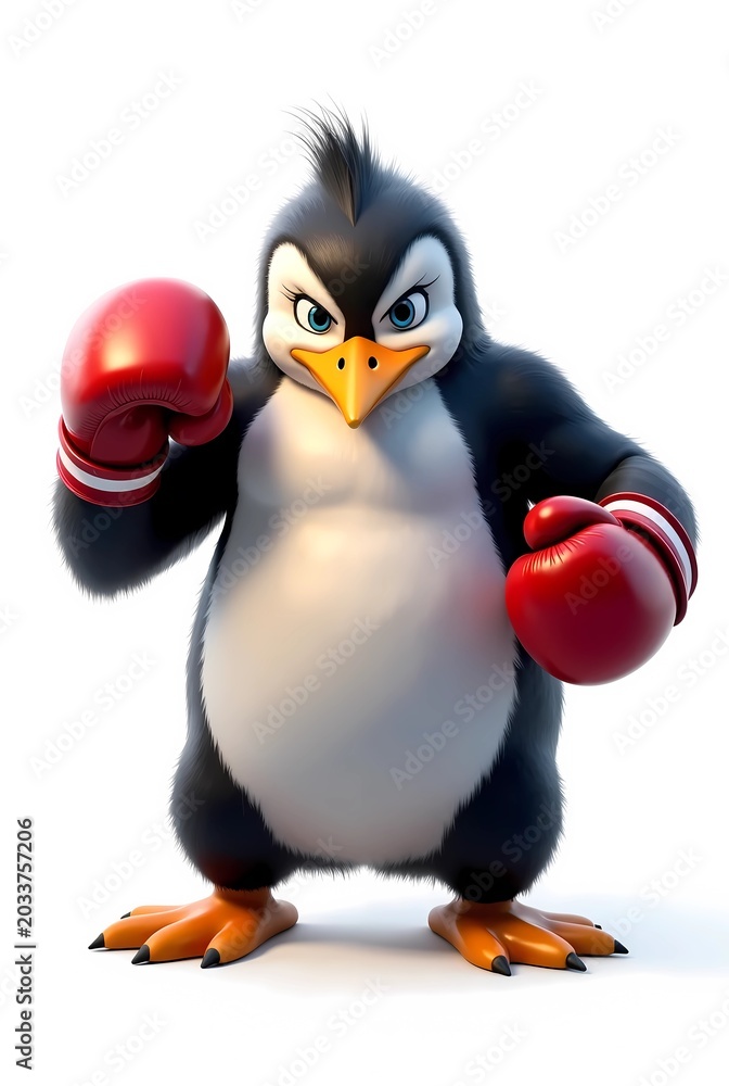 Obraz premium Cute 3D Cartoon Penguin Wearing Red Boxing Gloves Mascot Illustration