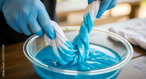 Hands dipping t-shirt into blue dye, summer art project