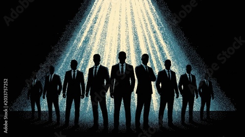 Silhouettes of eight men in suits stand confidently under a dramatic spotlight, symbolizing leadership, unity, and professionalism.