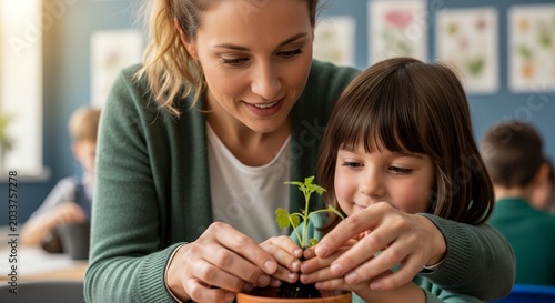 Teacher helps young girl plant seedling in classroom