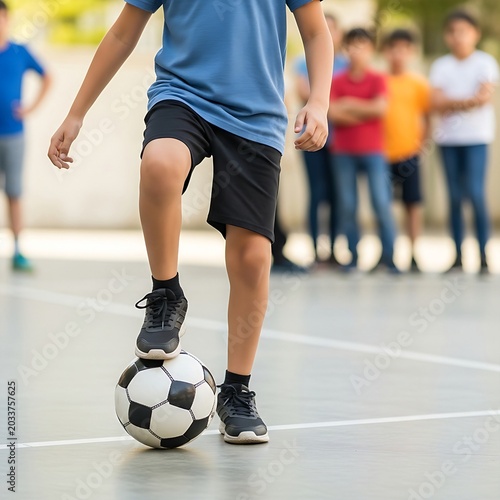A soccer ball being balanced on a child's knee (mid-air) on a concrete court, with other children watching in the blurred background, highlighting youthful recreation., 1:1 ratio