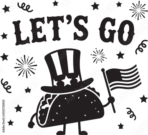 Patriotic food, American Independence Day icons, Uncle Sam taco vector, festive holiday graphics