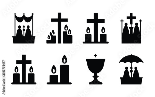 Bild auf Leinwand Set of christian religious icons and symbols with crosses candles and clergy in