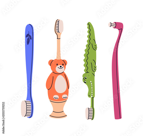 Kids toothbrushes set. Manual tooth brushes for children with cute crocodile ...