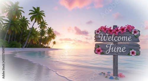 Welcome sign with tropical plants and sunrise backdrop.