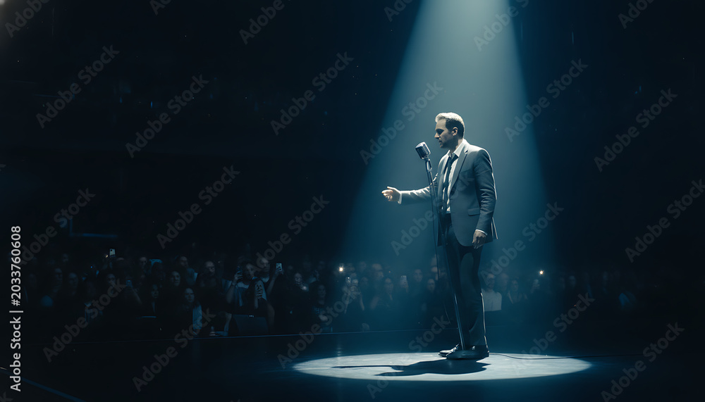 Fototapeta premium Male performer in a suit speaking into a microphone under a stage spotlight