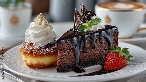 Decadent chocolate cake slice with whipped cream and strawberry dessert sweet food