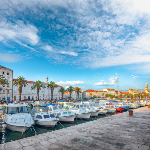 Awesome view of the promenade the Old Town of Split with the Palace of Diocletian and marina.  L