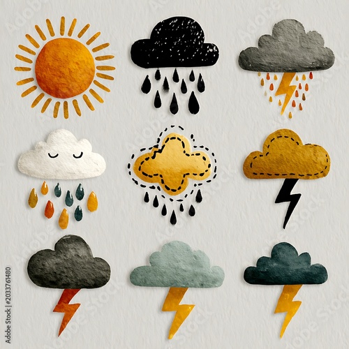Hand drawn weather with sun clouds rain and lightning symbols