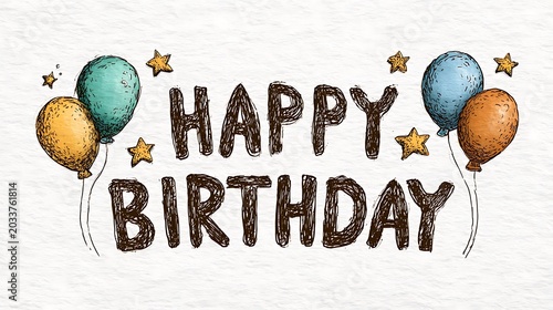 Happy birthday text with balloons and stars hand drawn style lettering calligraphy