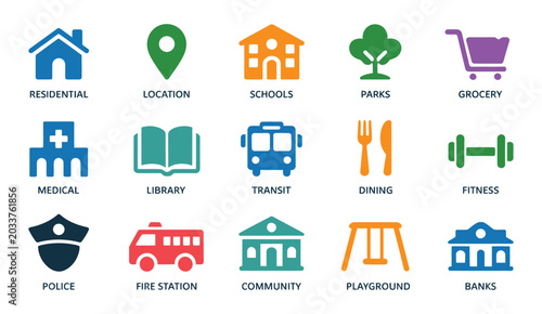 Εκτύπωση καμβά Local amenity icons set for maps, wayfinding, and community service identification in modern vector style