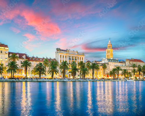Awesome view of famous Palace of the Emperor Diocletian and shore of Adriatic Sea in Split at night.
