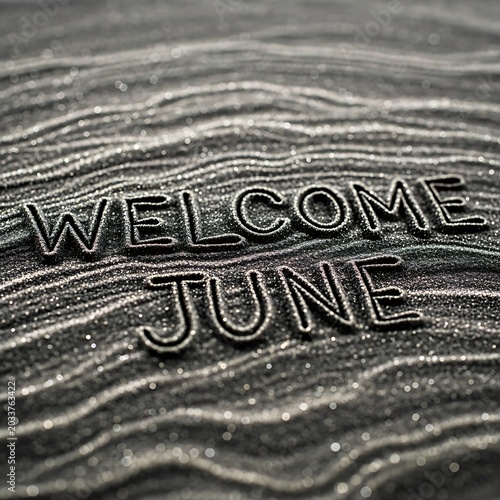 Welcome June text overlay on rustic wooden background.