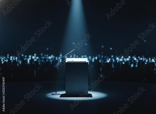 Empty podium with microphone on stage under spotlight before a large audience