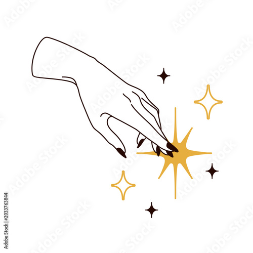 Hand touching celestial cosmic stars, abstract constellation. Astrology, esot...